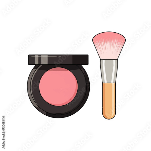 Cosmetic set illustration of a pink blush powder compact and a soft makeup brush, essential tools for a daily beauty routine and glamour