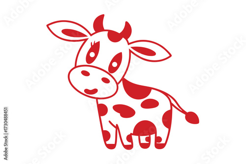 Cartoon red cow with spots is drawn in a cute, cheerful style