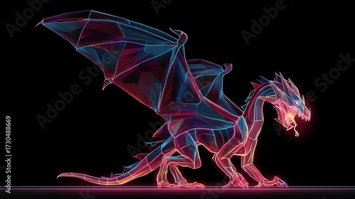 Neon line art dragon with glowing wings and vibrant energy