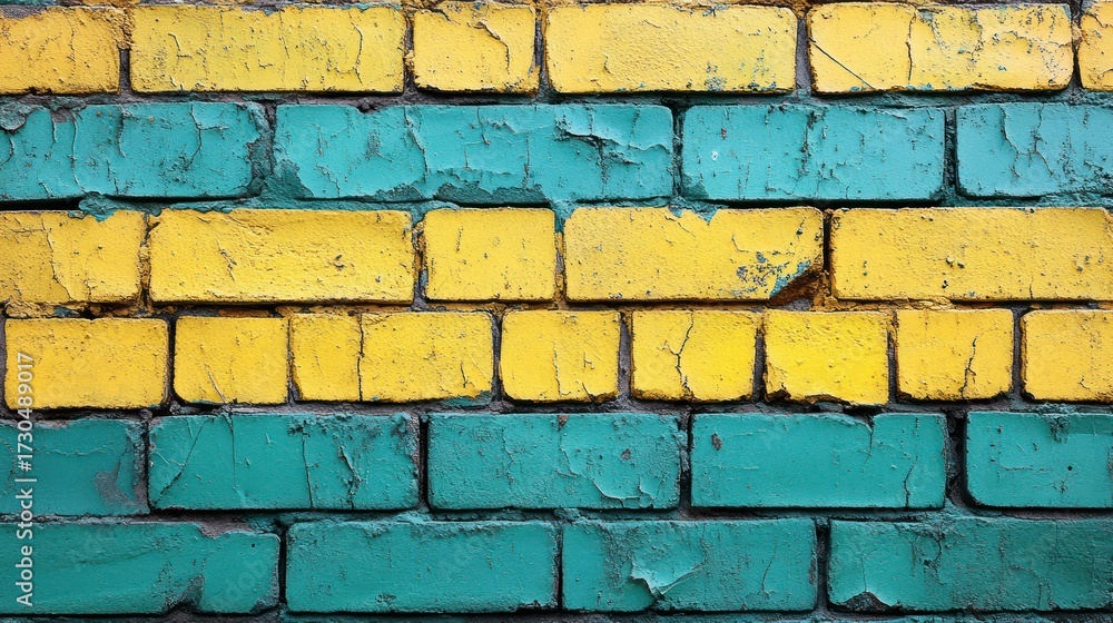 Fototapeta premium Teal yellow painted brick wall texture background