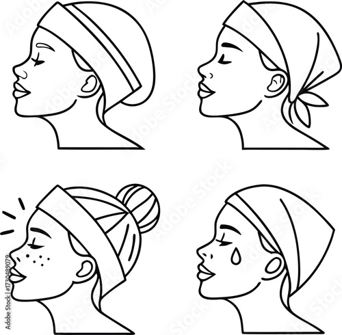 "Facial Treatment and Self-Care Vector Icons Set Featuring Women with Diverse Hairstyles, Head Wraps, and Expressions for Beauty and Wellness"