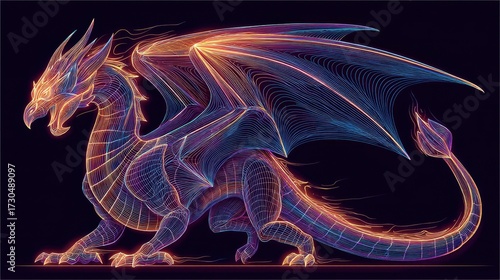 Majestic neon dragon with glowing contours in abstract line art
