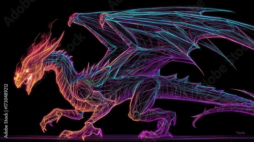 Glowing neon dragon with abstract energy and fiery outline