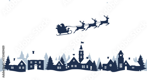 Santa Claus sleighing over a charming snow-covered village with festive trees, bringing holiday magic to winter nights