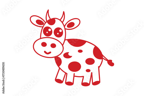 Cartoon red cow with spots poses cheerfully against a white background for children
