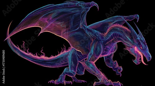 Neon line art dragon with glowing contours and dynamic wings
