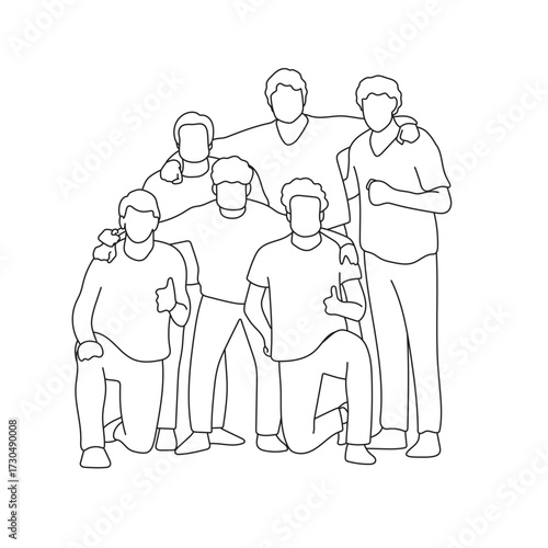 Group of six people standing together illustration vector hand drawn with black lines
