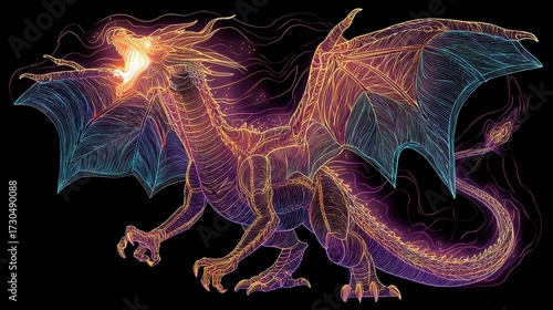 Vibrant neon dragon with glowing lines and fiery breath in dynamic pose