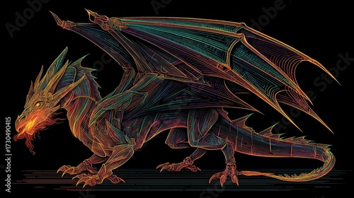 Neon line art dragon with glowing wings and fiery contours