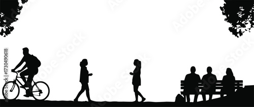 Dynamic silhouettes capture diverse park activities including cycling, conversation, and relaxing on a bench under leafy trees