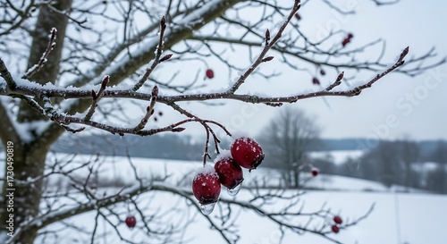 Snowy Winter Landscape with Berries.
