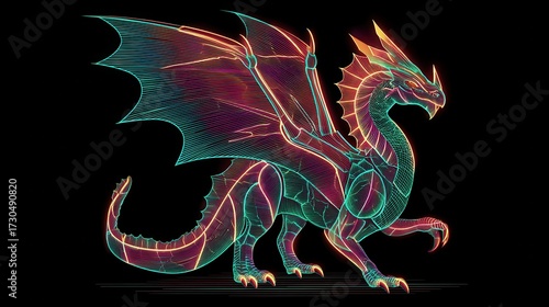 Neon dragon with glowing lines and vibrant energy patterns
