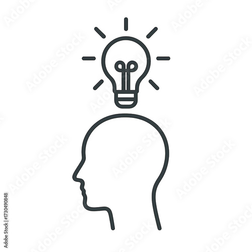Minimalist illustration of a light bulb turning on above a human head silhouette