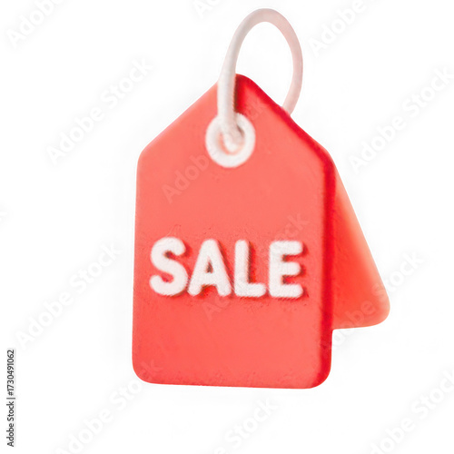 A red sale tag with white lettering and a white loop on a black background