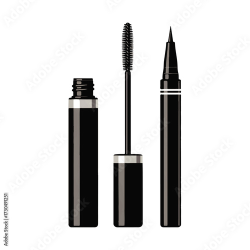 Elegant eye makeup accessories featuring a black mascara with brush and a liquid eyeliner pen, isolated vector set for beauty and fashion concepts
