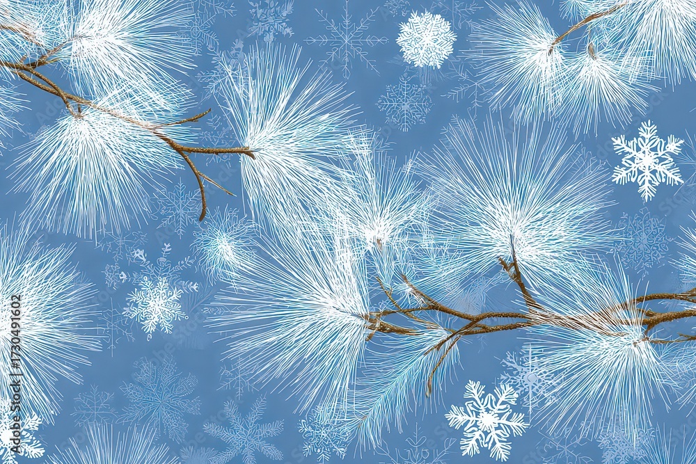 Naklejka premium Winter Branches with Snowflakes on Blue Background