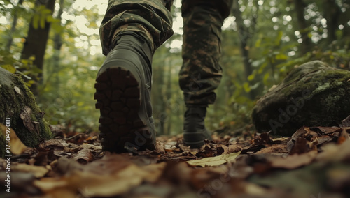 Soldier walks through forest path covered fallen leaves, showcasing military boots and camouflage pants. scene evokes sense of adventure