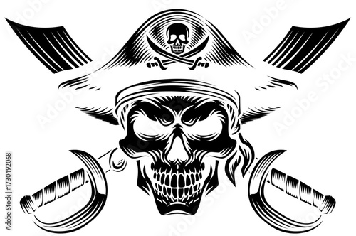 Pirate skull crossbones wearing a tricorn captain hat with crossing sabers or scimitar cutlass pirate swords. In a vintage retro woodcut style.