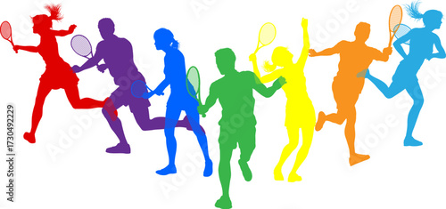 Silhouette Tennis players set. Active sports people healthy players fitness silhouettes concept.
