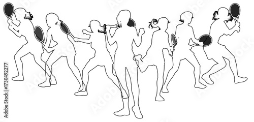 Silhouette Tennis players set. Active sports people healthy players fitness silhouettes concept.