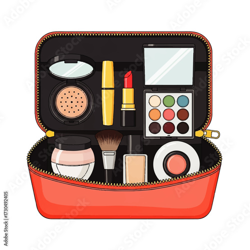 A bright red makeup bag filled with various cosmetic products, including a mirror, lipstick, mascara, and eyeshadow palette