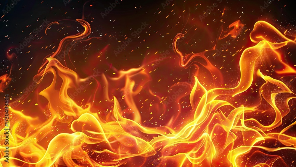 Fototapeta premium Fiery flames dance against a dark backdrop. Usable as dramatic presentation graphic