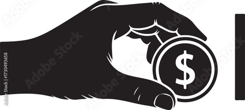 hand is holding a dollar coin, the black and white design is simple and effective for illustrating financial concepts and monetary transactions on