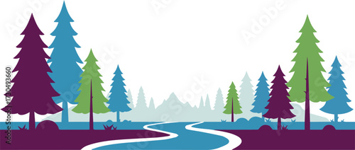Serene mountain landscape with evergreen trees and winding river, perfect for travel, nature, or eco-friendly campaigns and designs
