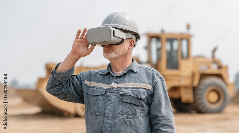 Obraz premium Construction Worker Using Virtual Reality Headset on Building Site with Heavy Machinery and Dusty Background for Innovative Project Management