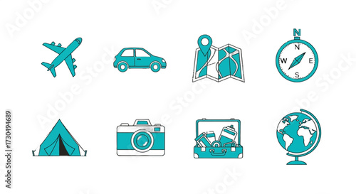 Plan your next adventure with this travel icons set featuring a plane, car, map, compass, tent, camera, suitcase, and globe ready for vacation wanderlust