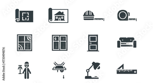 Architectural design and construction icons set, featuring blueprints, tools, and home interior elements for builders