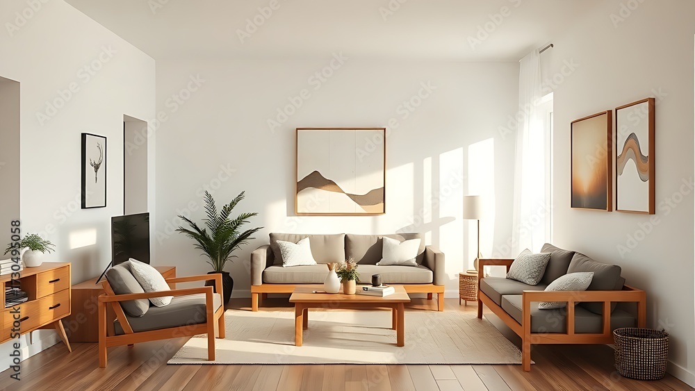 Fototapeta premium Minimalist Nordic living room with wooden accents and abstract art, bathed in soft natural light.