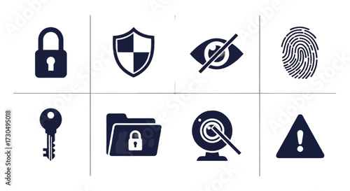 Essential security icons representing protection, privacy, and data safety, safeguarding digital information and online access in modern times