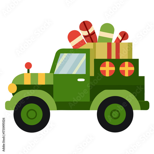 Green christmas truck delivering gifts and candy canes