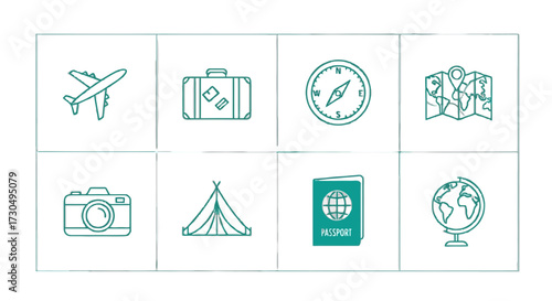Discover the World: Travel essentials illustrated with a modern aesthetic, perfect for blogs, websites, and global adventures, ideal for travel agencies and tourism campaigns