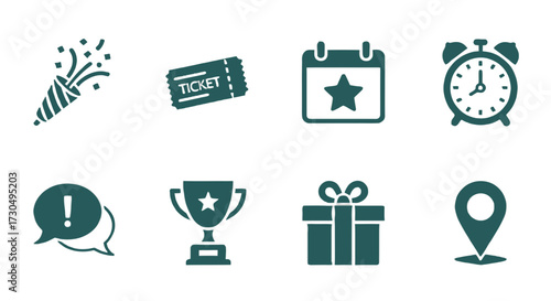 Celebrate Events with These Icons of Party, Ticket, Calendar, Clock, Speech Bubble, Trophy, Gift, and Location Pin for Your Designs