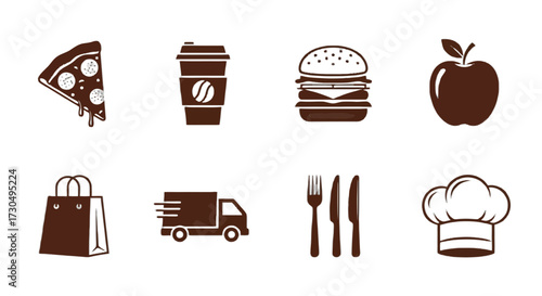 Grab a Bite On the Go Collection: Pizza, Coffee, Burger, Apple, Delivery Truck, Shopping Bag, Cutlery, and Chef Hat for a Deliciously Convenient Feast
