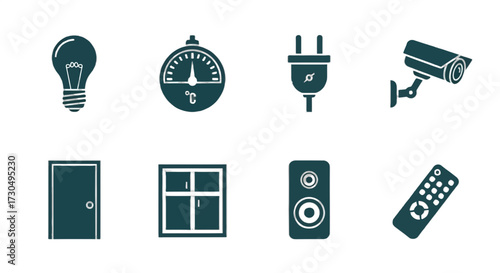 Smart home automation icons for modern living with security camera, door, speaker, light bulb, window, remote, plug, and thermostat ideal for tech enthusiasts