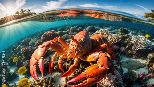 Vibrant Lobster Crawling Along Colorful Coral Reef Under Crystal Clear Water Surface