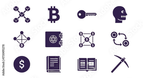 Explore cryptocurrency and blockchain technology concepts with these powerful icons, symbolizing digital security, mining, and decentralized finance solutions