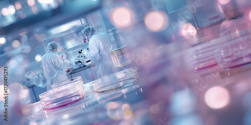 Modern laboratory with scientists working in lab coats. Soft focus and clean composition with copy space make it ideal for medical, scientific, and technology-related themes.