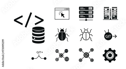 Streamline Development with a Set of DevOps Icons Showcasing Git, Databases, Servers, and Debugging for Scalable and Efficient Workflow Solutions