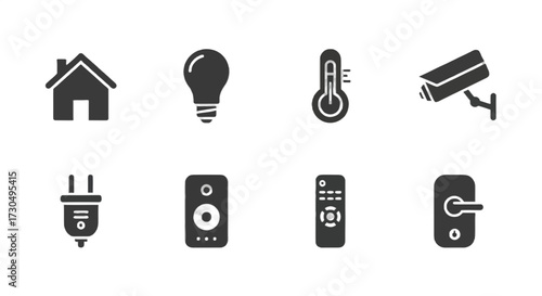 Sleek smart home automation icons for modern living: Home security, climate control, entertainment system, and remote access for convenient lifestyle