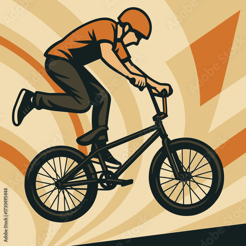 BMX rider performing a trick in mid-air against a dynamic abstract background