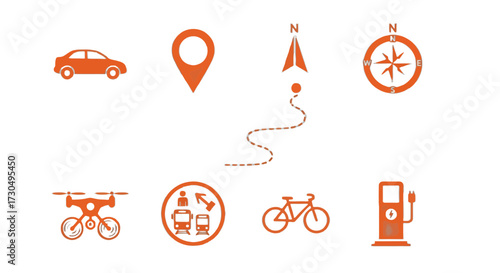 Sustainable transportation options concept with bike, car, charging station, compass, and drone for modern eco conscious living and future mobility