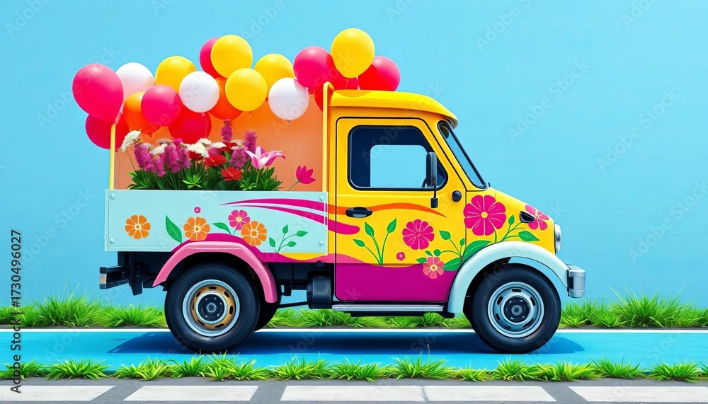 Fototapeta premium Brightly colored delivery truck with cheerful design, flowers, balloons, swift delivery, colorful