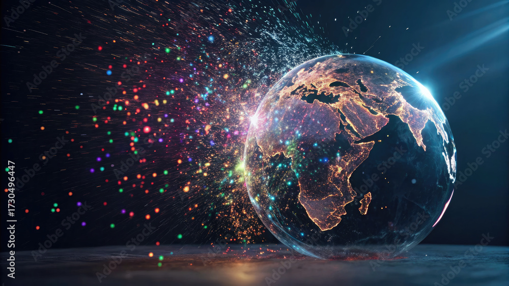 Obraz premium Glowing holographic globe with vibrant light particles exploding outward, symbolizing global connectivity and futuristic technology