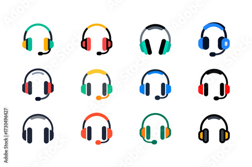 Set of Colorful Headphone and Headset Icons: Various Designs with Microphones Representing Customer Service, Communication, Music, and Technology