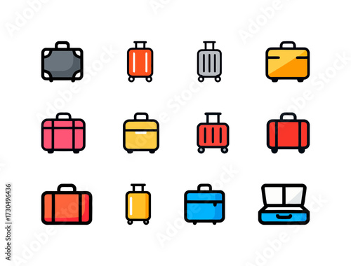 Collection of Travel Luggage and Suitcase Icons: Various Styles of Rolling and Carry-On Bags Representing Vacation, Journey, Business Trip, and Global Transportation