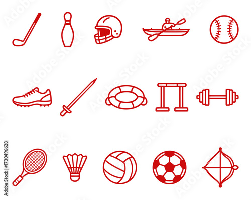 Set of Sports and Athletic Equipment Icons: Outline Symbols of Golf Club, Baseball, Tennis Racket, and Weights Representing Fitness, Competition, and Hobbies